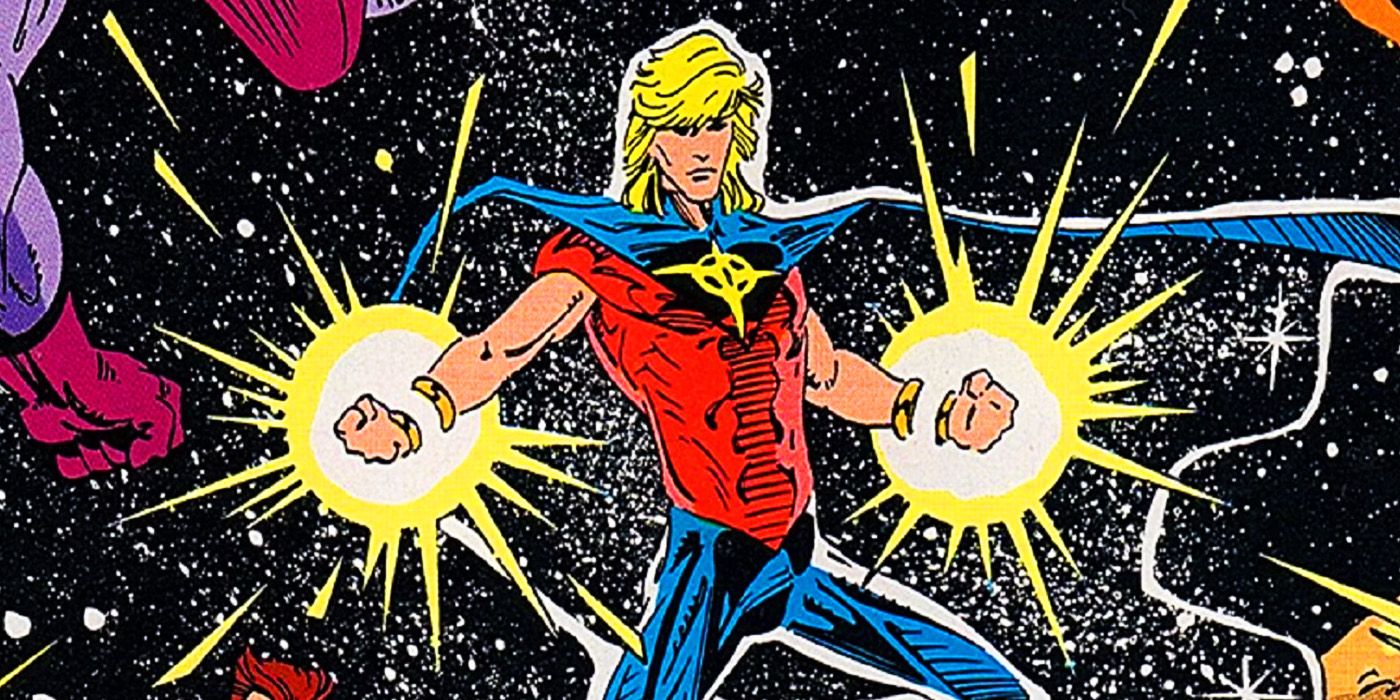 Quasar using the Quantum Bands in space in Marvel Comics