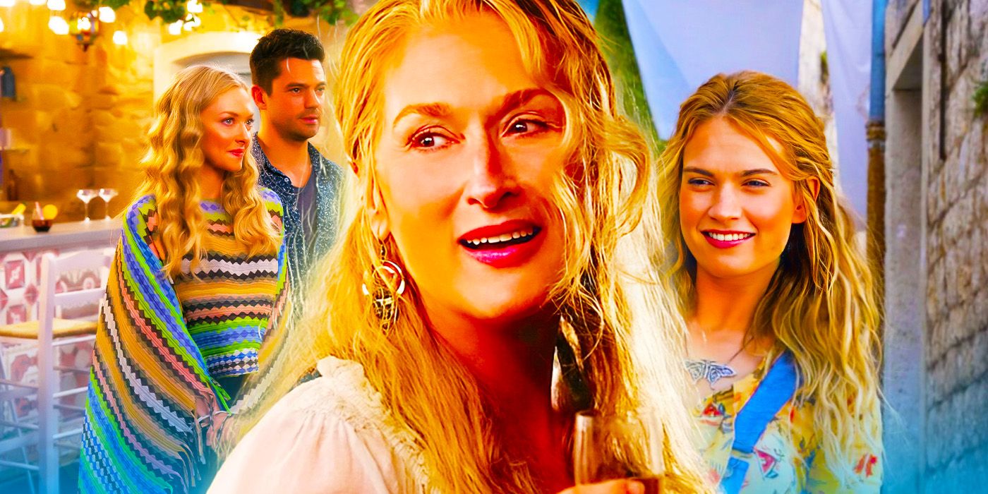 Sophie (Amanda Seyfried), Sky (Dominic __), older Donna (Meryl Streep) and younger Donna (Lily James) in Mamma Mia! Here We Go Again. 