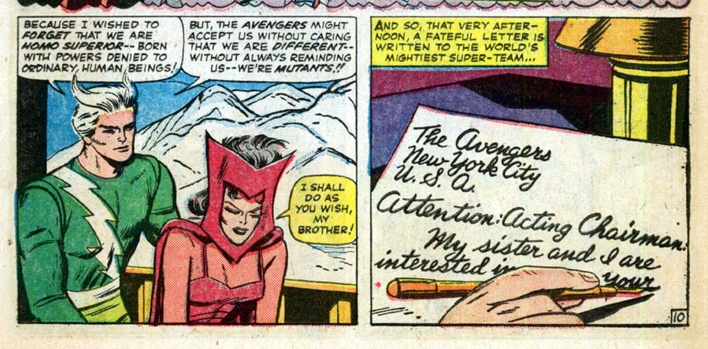 Quicksilver and Scarlet Witch, wearing their original costumes, write a letter asking to join the Avengers.