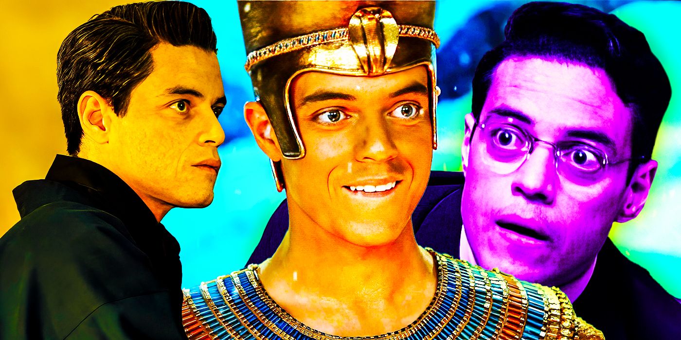 A collage of Rami Malek characters from No Time To Die, A Night at the Museum and Oppenheimer