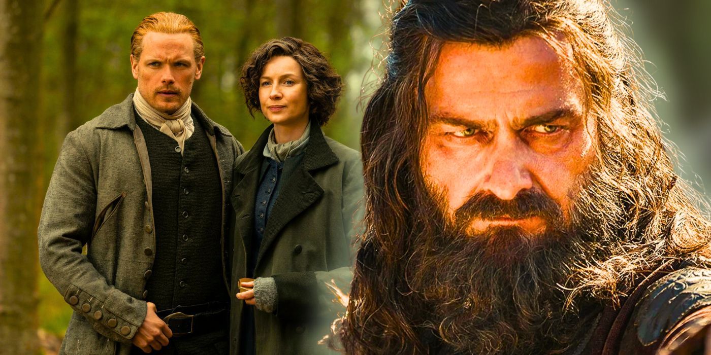 Ray Stevenson as Blackbeard from Black Sails with background of Sam Heughan as Jamie and Caitriona Balfe as Claire in Outlander 