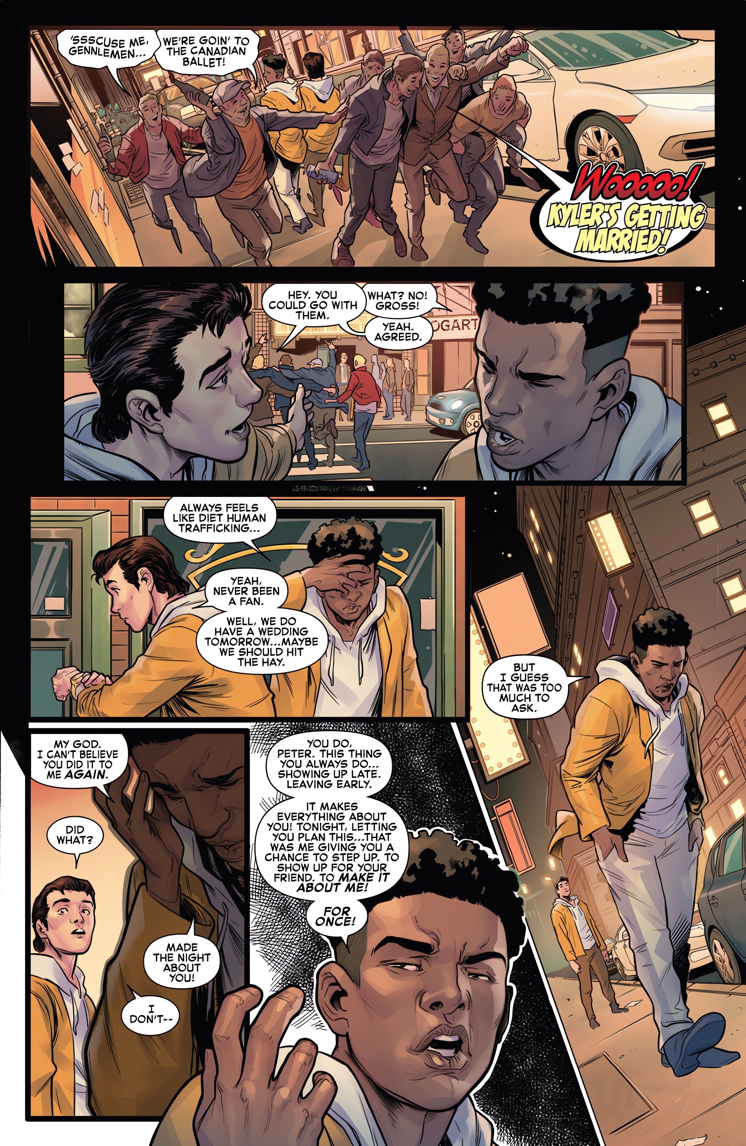 Amazing Spider-Man #31 Robbie Robertson yells at Peter Parker for messing up his bachelor party