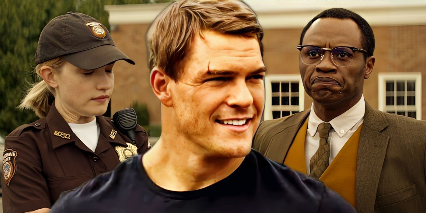 Willa Fitzgerald as Roscoe, Alan Ritchson as Jack Reacher, and Malcolm Goodwin as Finlay in Reacher