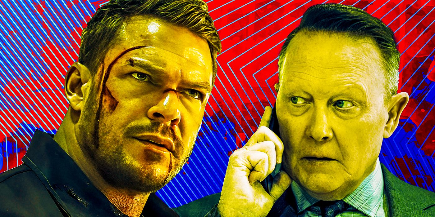 Alan Ritchson as a bloodied Reacher and Robert Patrick as Langston collage