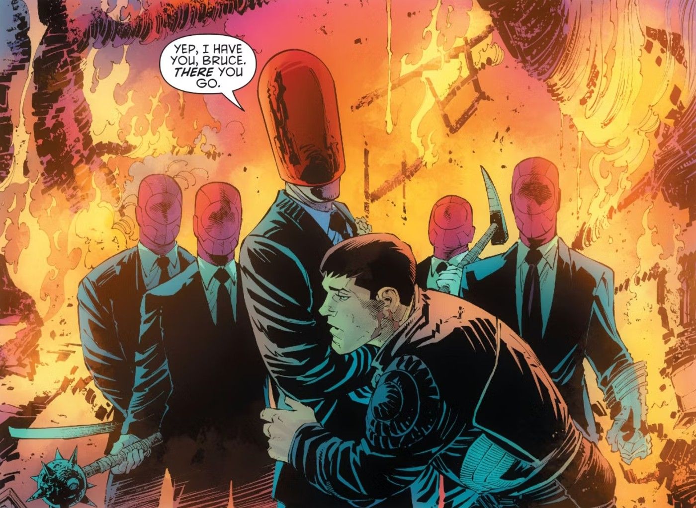 Comic book panel: a gang of men in suits and large red helmets stand in a burning building. The leader hold Bruce Wayne up.
