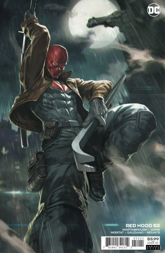 Red Hood is jumping and looking cool with crowbar and sword on Red Hood 52 variant cover