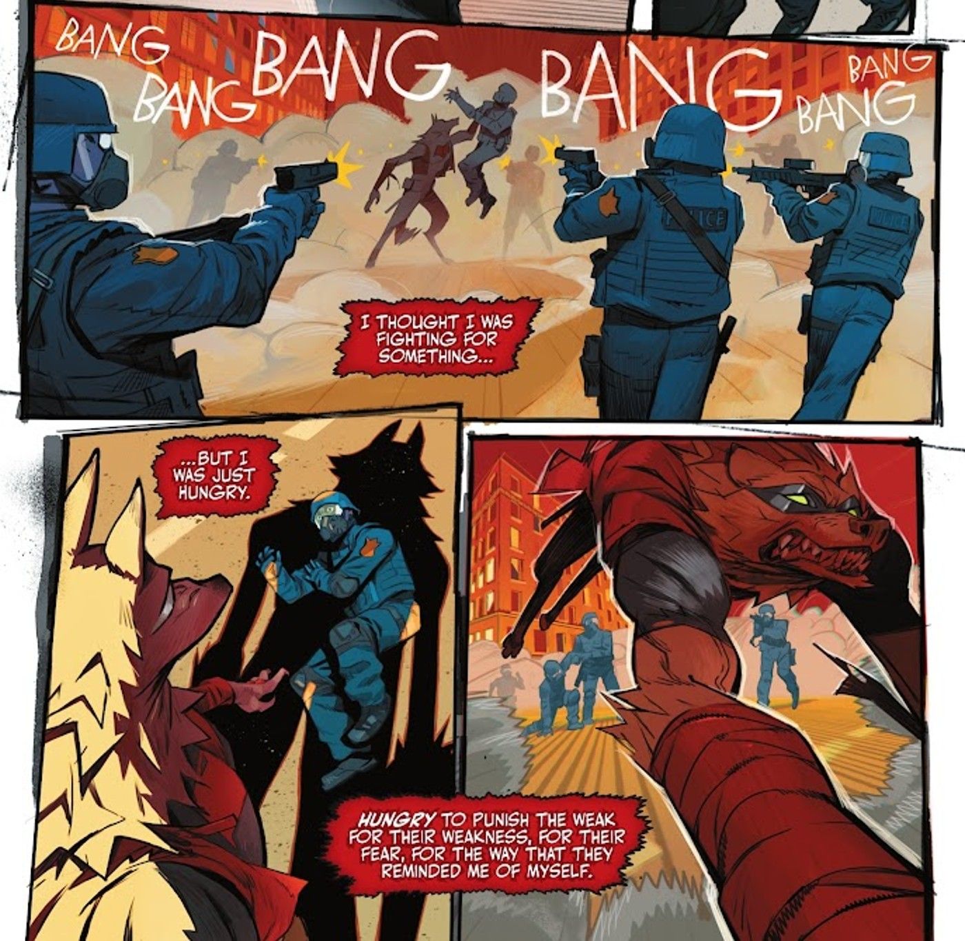 Comic book panels: police shoot at a werewolf version of Red Hood.