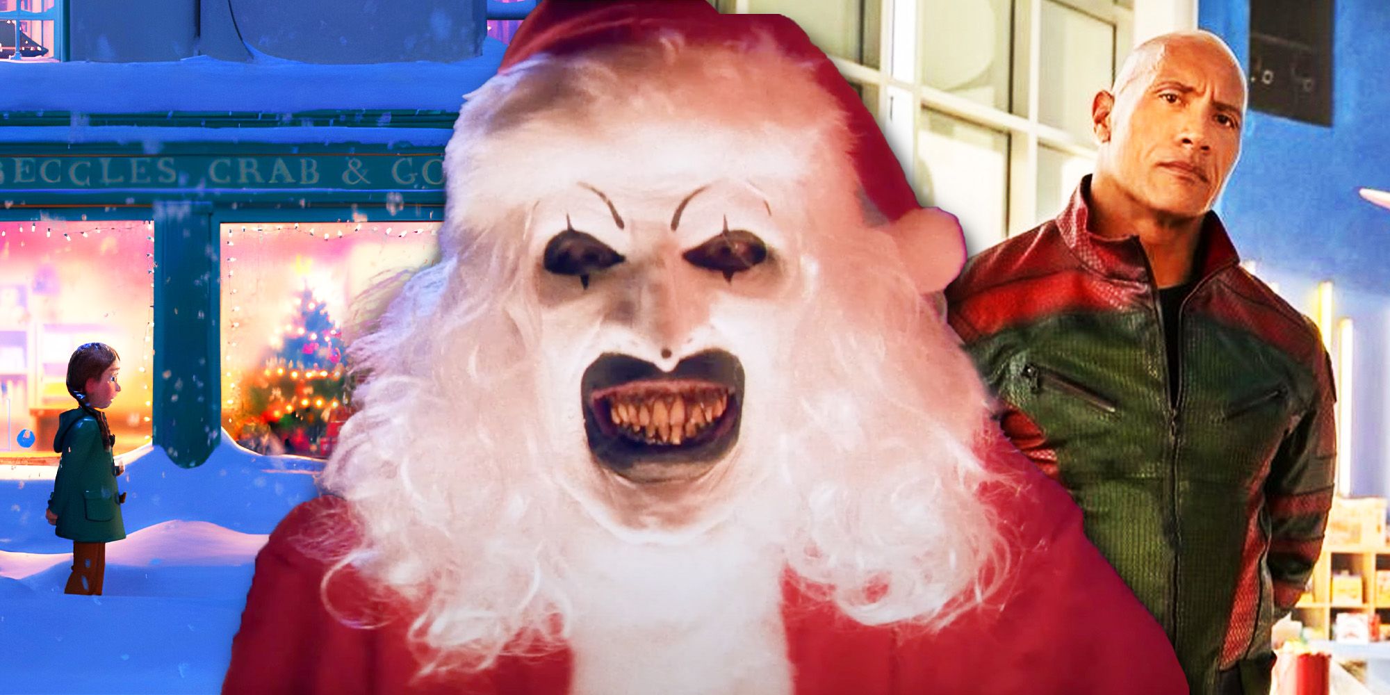 Composite of Netflix's That Christmas, Art the Clown in a Santa suit in Terrifier 3, and Dwayne Johnson in Red One