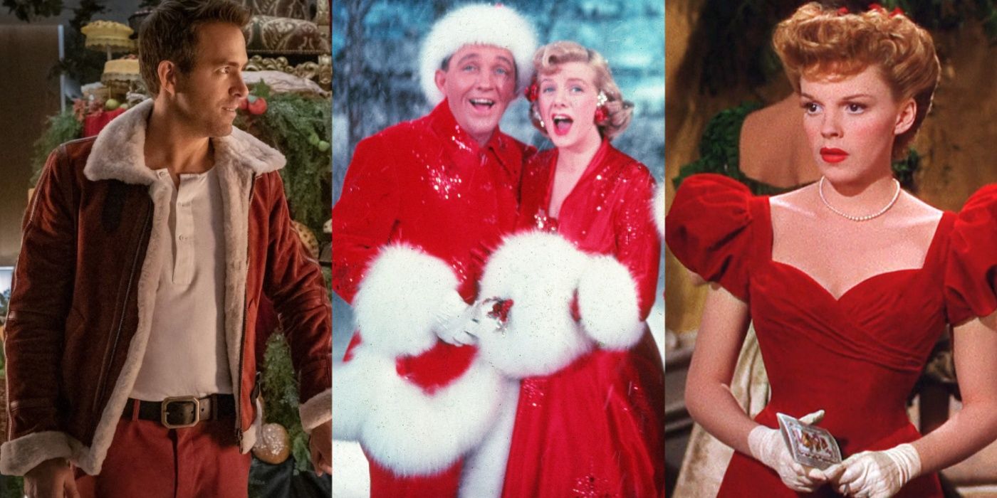 Side by side images featuring characters wearing red in Christmas movie musicals Spirited, White Christmas, and Meet Me In St. Louis