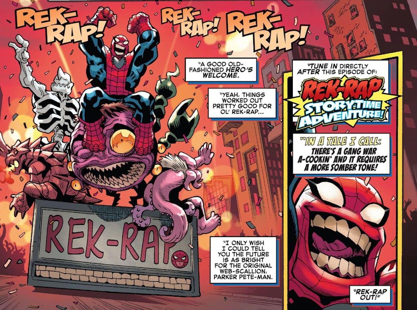 Amazing Spider-Man #38, Rek-Rap Spider-Man from Hell gets a parade in Limbo