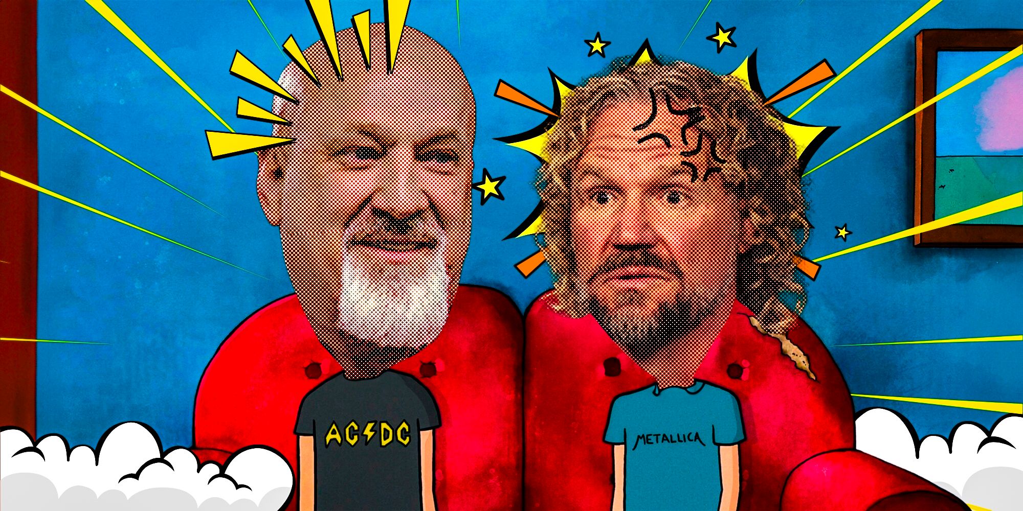 Sister Wives David Woolley and Kody Brown's heads on top of characters Beavis and Butthead's bodies in comic background
