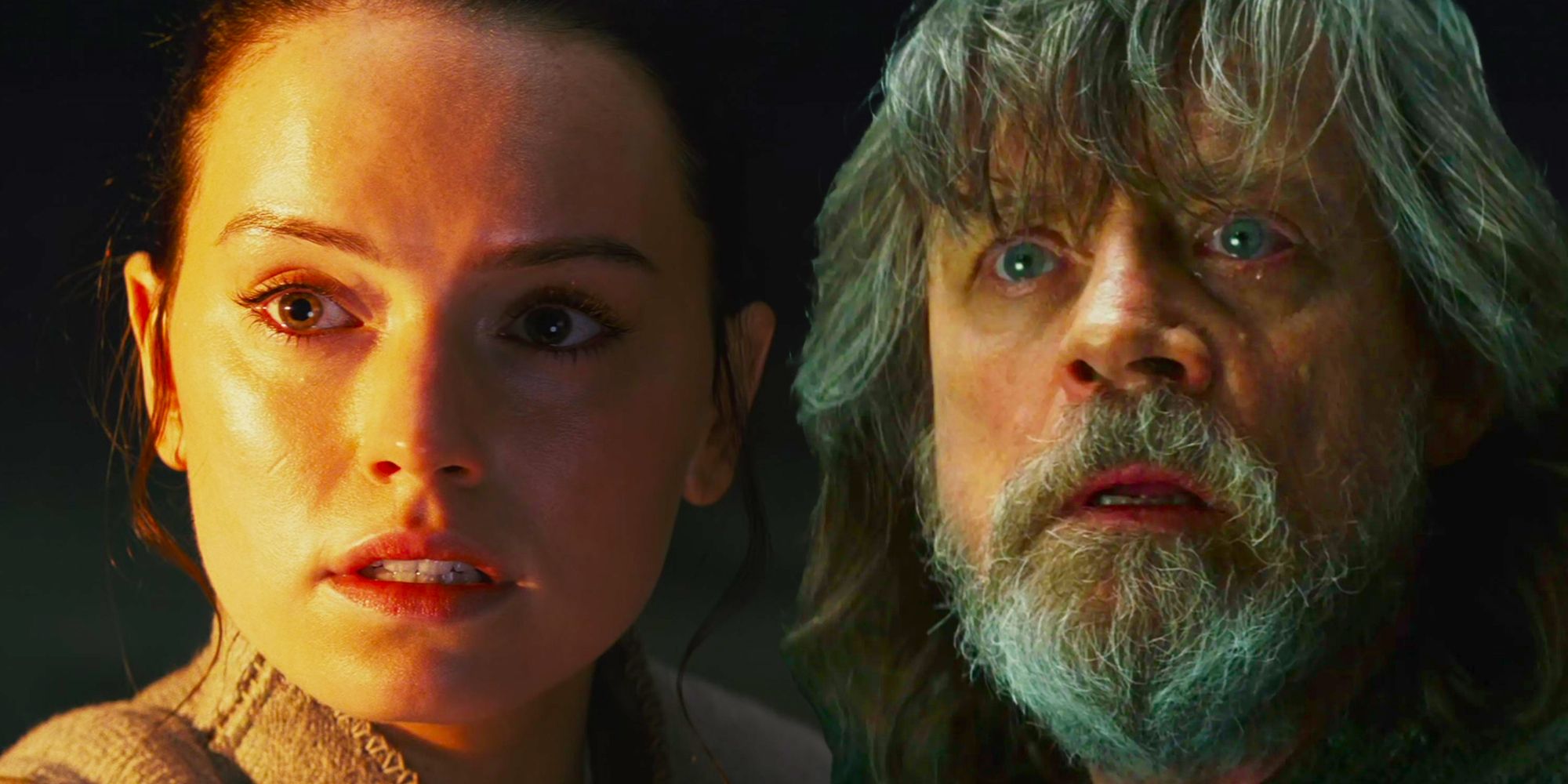 Daisy Ridley as Rey and Mark Hamill as Luke Skywalker both looking emotional in Star Wars: The Last Jedi