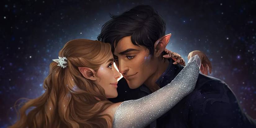 Rhysand and Reyre Starfall embracing in A Court of Thorns and Roses.