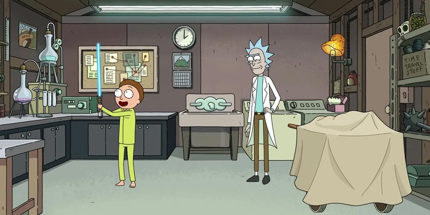 Morty holds a lightsaber in the garage while Rick watches in Rick and Morty