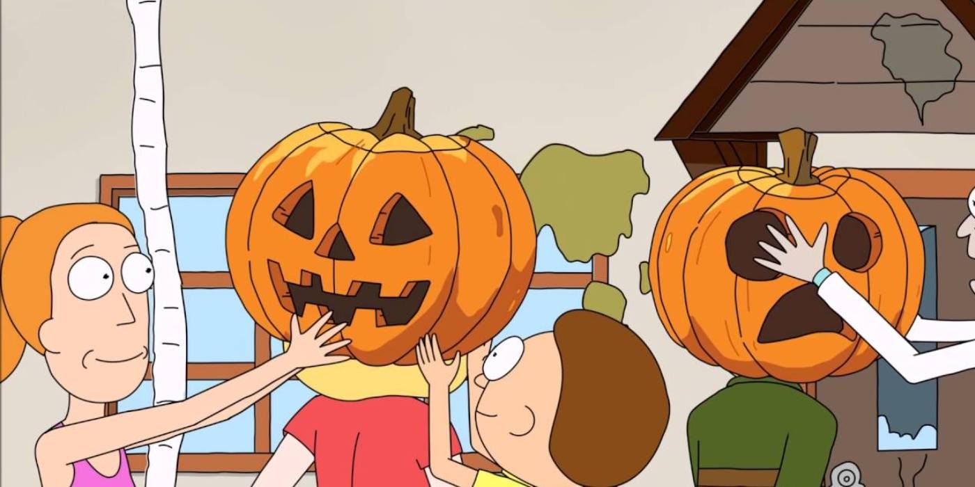 Rick and Morty Rick, Morty and Summer putting pumpkins on Beth and Jerry’s heads