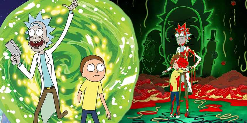 A composite image of Rick and Morty coming through a portal in front of a bloody Morty hugging Rick in Rick and Morty