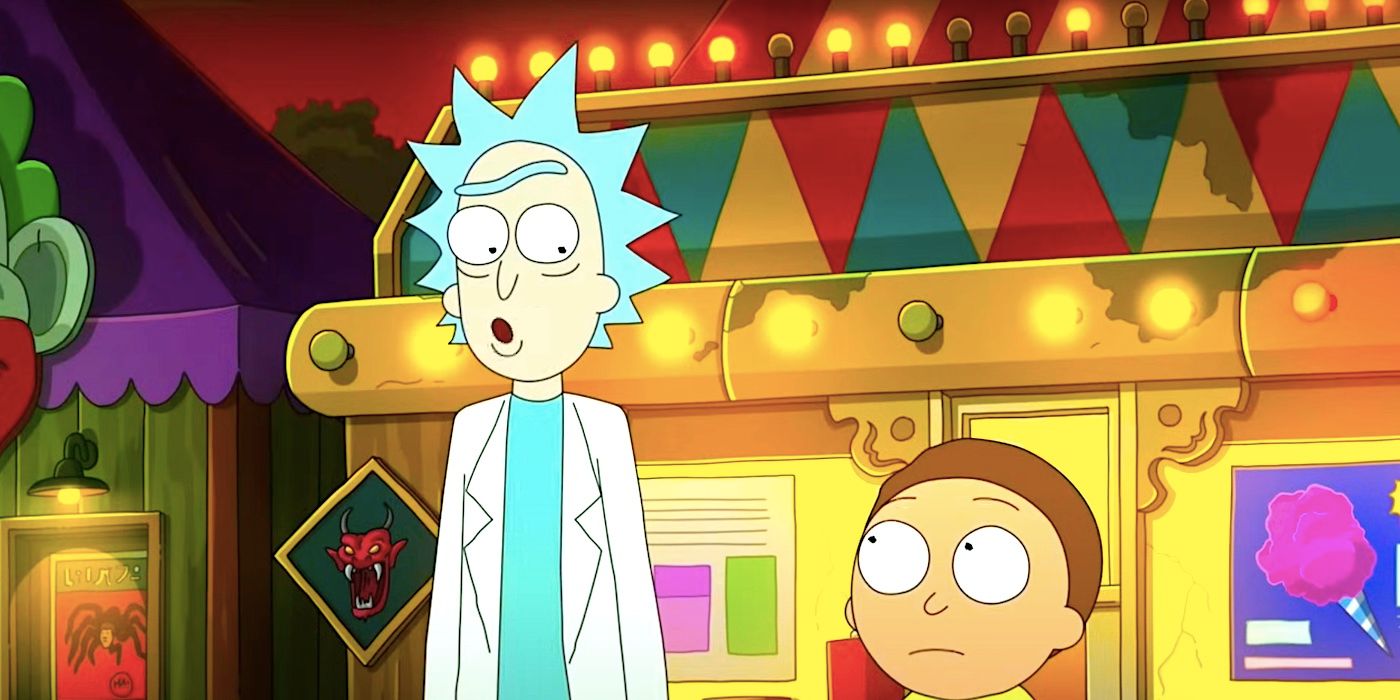Rick böjer ett ögonbryn mot Morty på en karneval i säsong 7-finalen av Rick and Morty