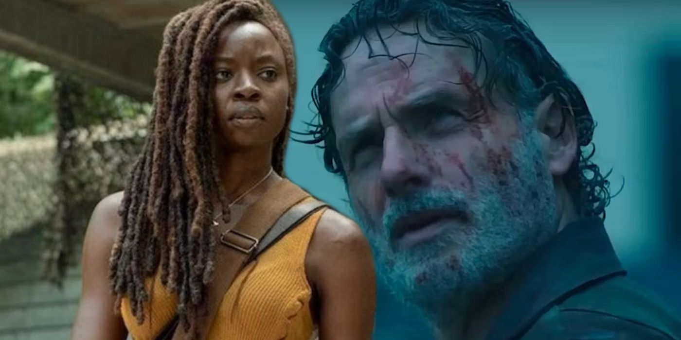 Danai Gurira as Michonne looking concerned and Andrew Lincoln as Rick Grimes covered in blood looking up in The Walking Dead.