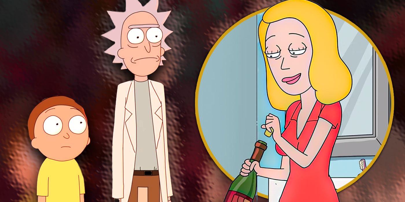 Beth getting drunk and Rick and Morty looking unfazed in Rick and Morty season 7