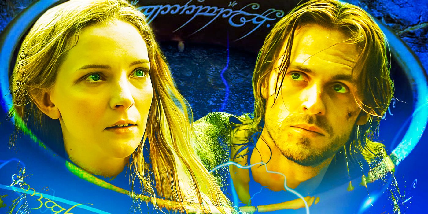 Morfydd Clark and Charlie Vickers as Galadriel and Halbrand in The Rings of Power with an image of the One Ring as a border