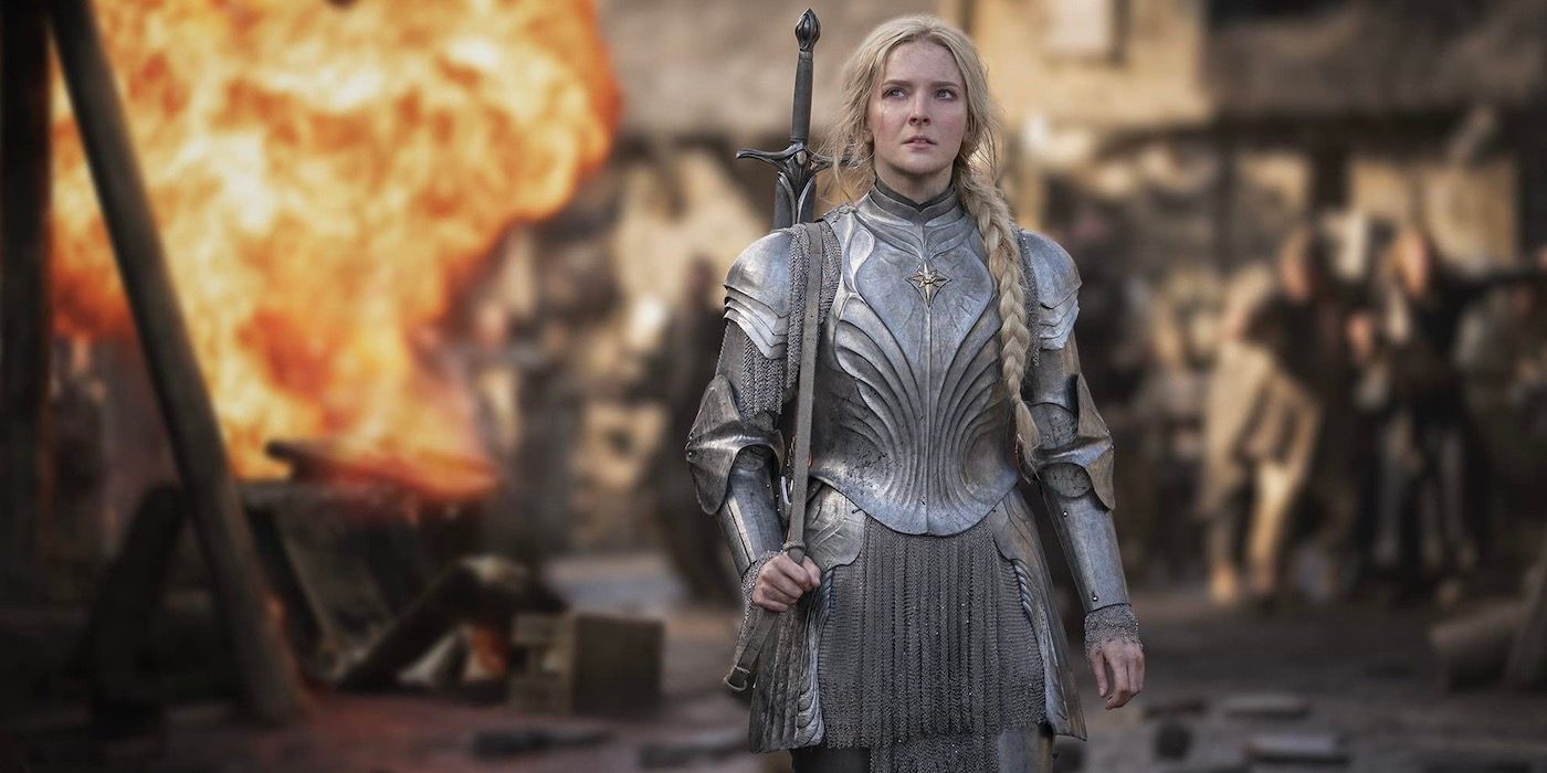 Galadriel standing in armor in a battlefield in The Rings of Power