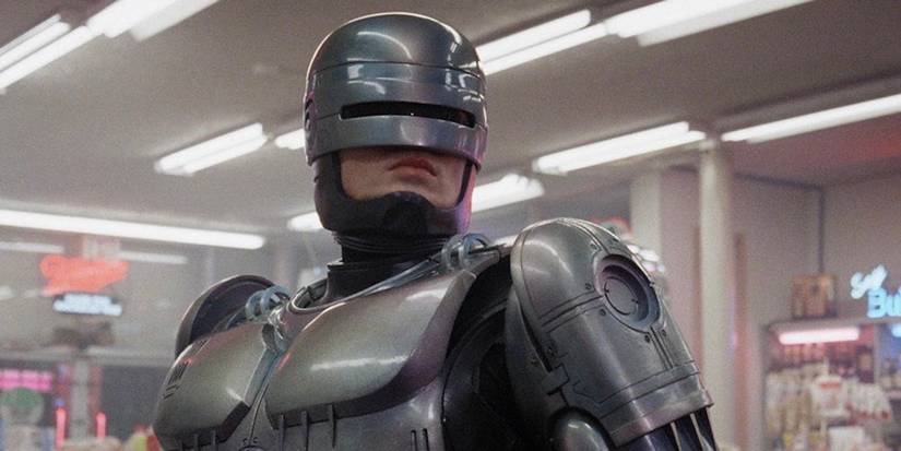 Peter Weller as RoboCop in a convenience store in the 1987 film RoboCop.