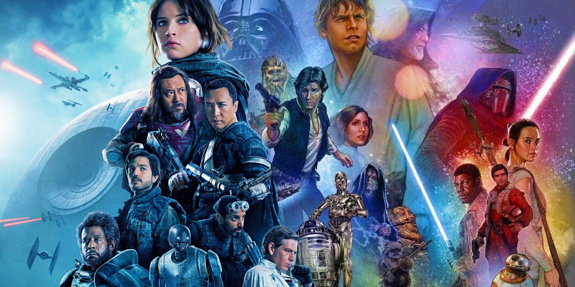 Rogue One's poster next to a mural of Star Wars' Skywalker Saga