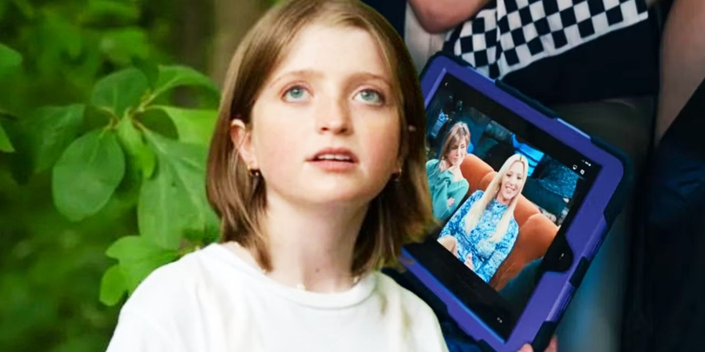 Rose (Farrah Mckenzie) standing in a forest juxtaposed with a close-up of an iPad playing Friends
