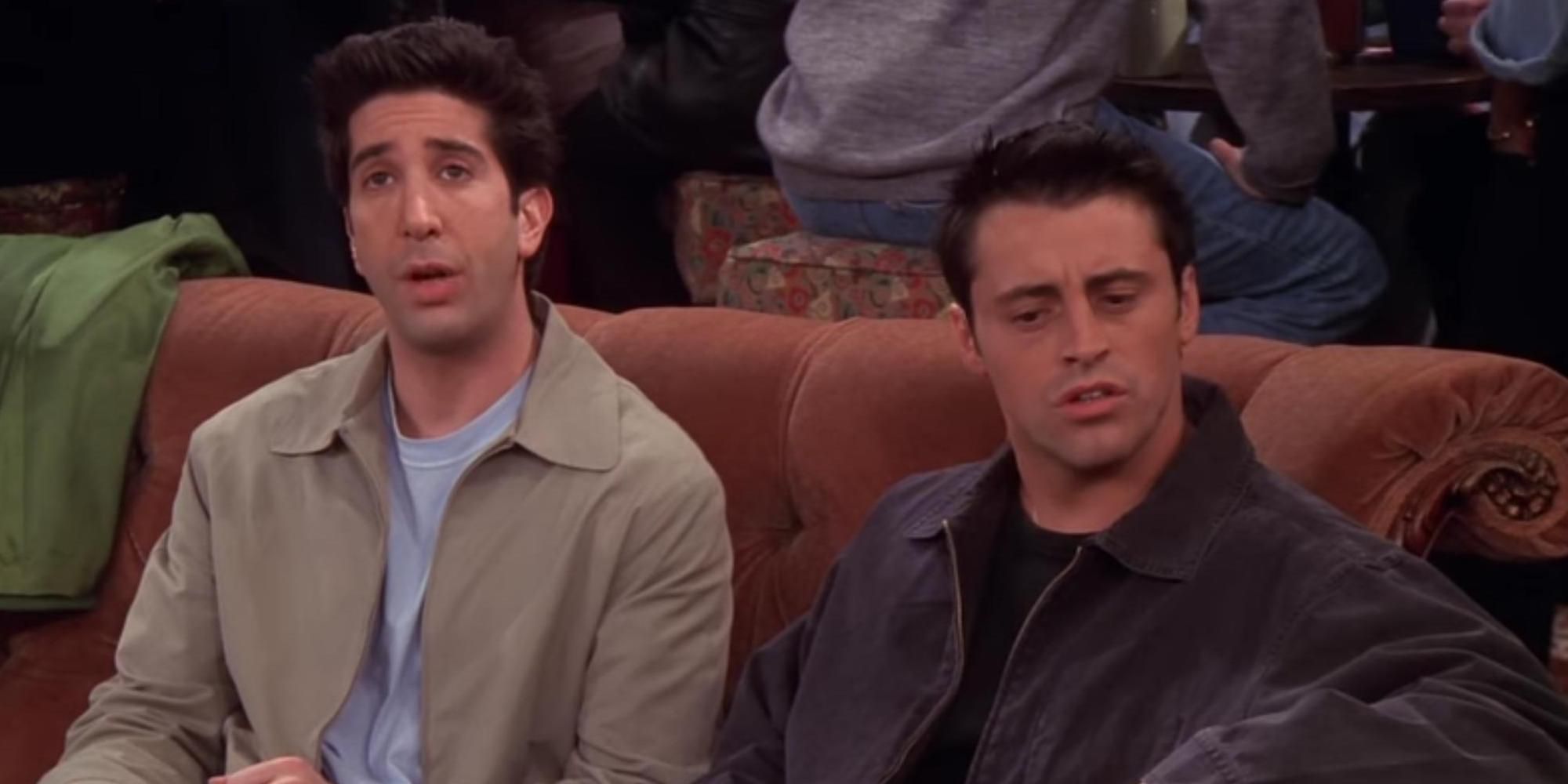 Ross (David Schwimmer) & Joey (Matt LeBlanc) sitting on the couch at Central Perk in Friends season 5, episode 20 "The One with the Ride-Along."
