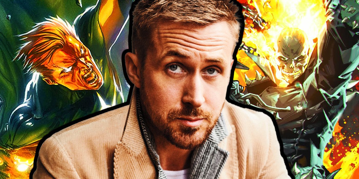 Ryan Gosling for GQ with Quasar and Ghost Rider in Marvel Comics