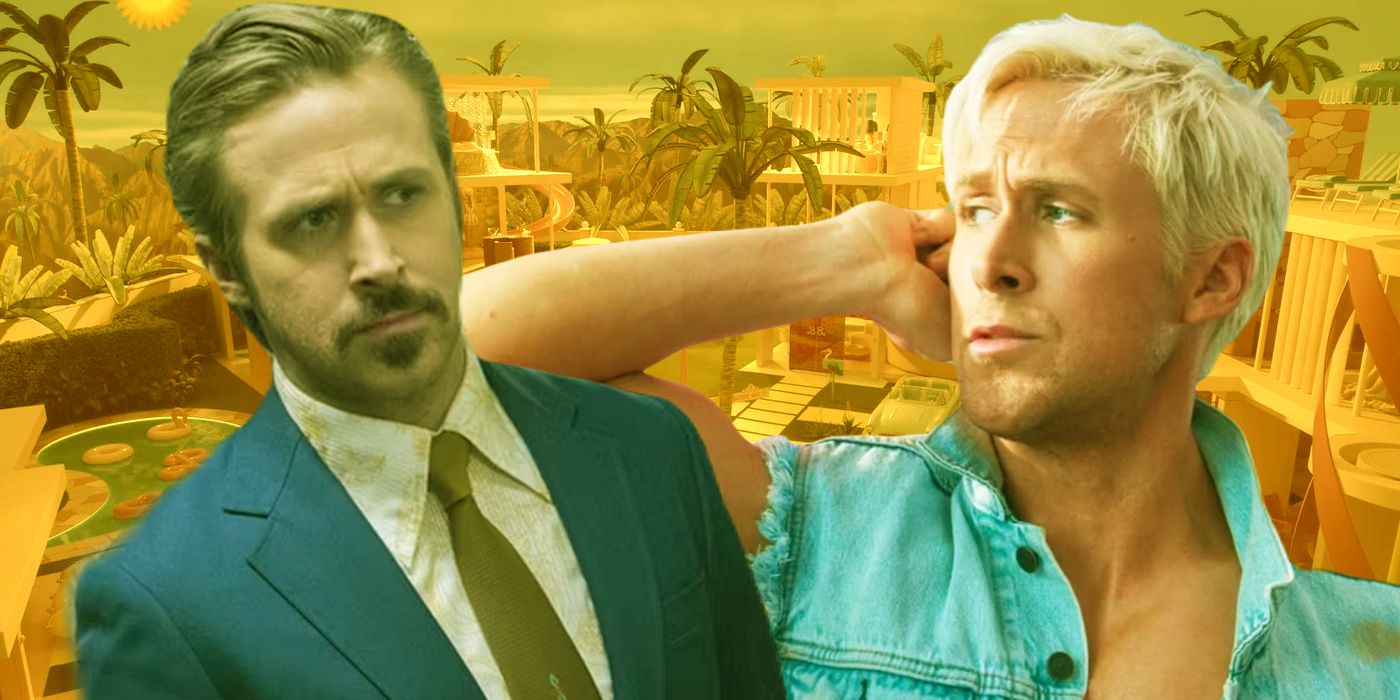 Ryan Gosling's characters Ken and Holland March in Barbie and The Nice Guys with Barbie background