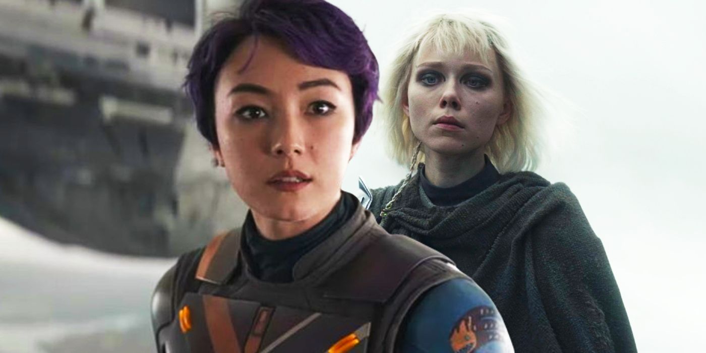 Sabine (Natasha Liu Bordizzo) terlihat agak khawatir dengan Shane (Ivana Sakhno) di bahunya di musim pertama Ahsoka.