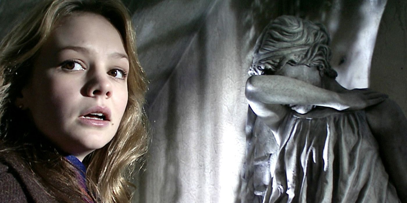 Sally Sparrow stood by a Weeping Angel in Doctor Who's Blink.