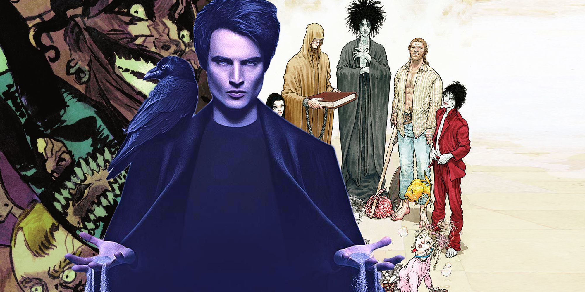 Sandman de la serie de Netflix frente a los paneles de Nightmare Country Glass House e Infinity Brothers