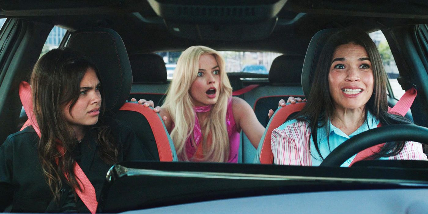 Sasha (Ariana Greenblatt) looking confused and Barbie (Margot Robbie) looking surprised as Gloria drives the car in Barbie