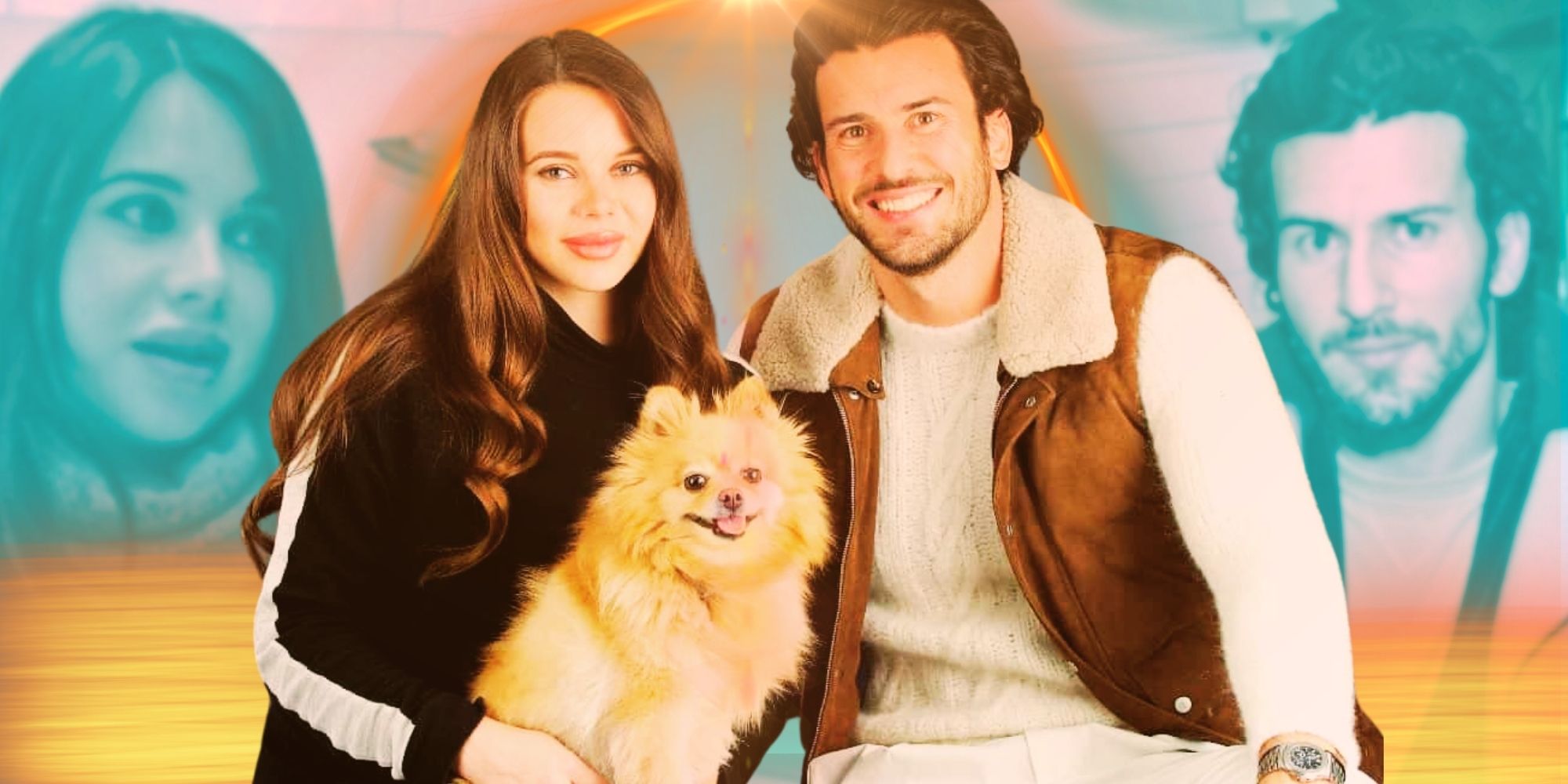 Luiza and Steve Gold holding their dog and smiling with themselves in the background