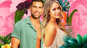 Bachelor In Paradise's Rachel Recchia and Blake Moynes montage against tropical background