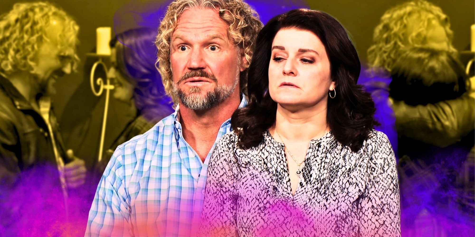 montage of Kody and Robyn from Sister Wives grey and yellow background both looking upset