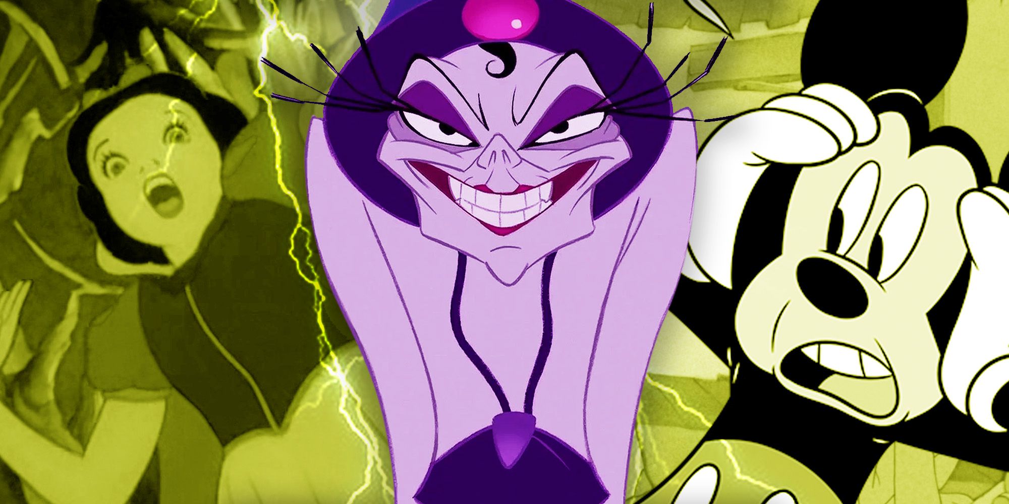 Scared Snow White next to evil Yzma and shocked Mickey Mouse