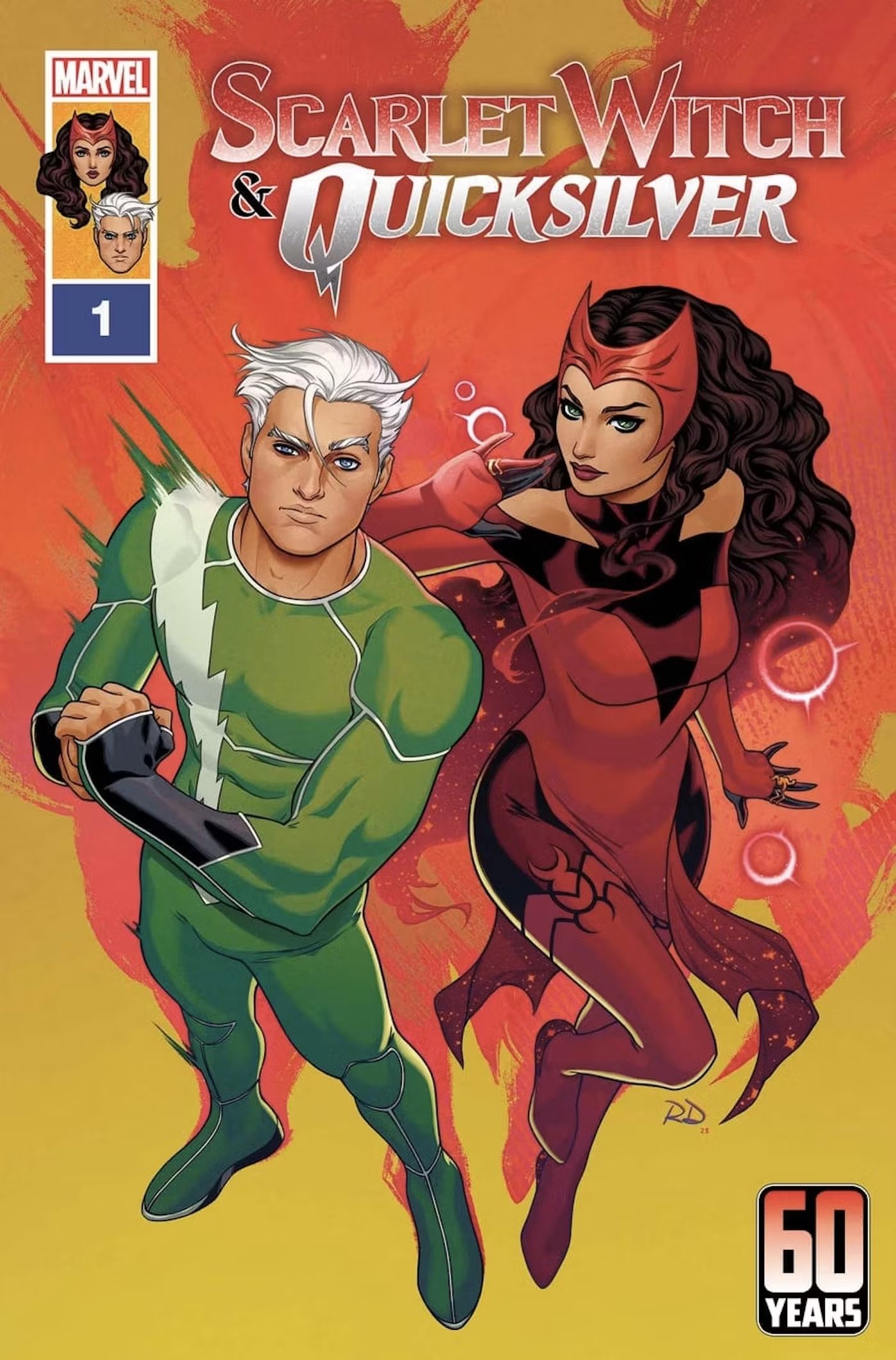 Main cover for Scarlet Witch and Quicksilver #1, featuring both in costume beside each other.