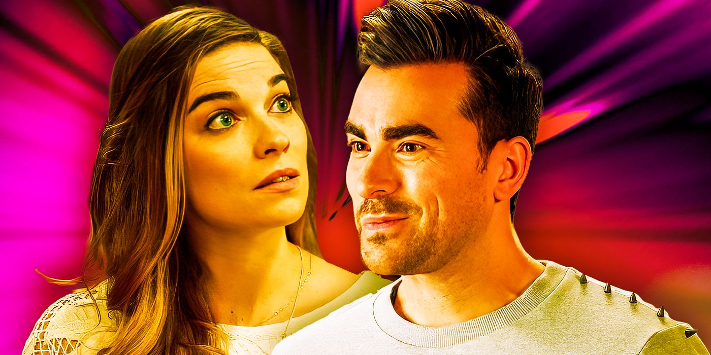 A layered image of Annie Murphy as Alexis Rose & Dan Levy as David Rose from Schitt's Creek.