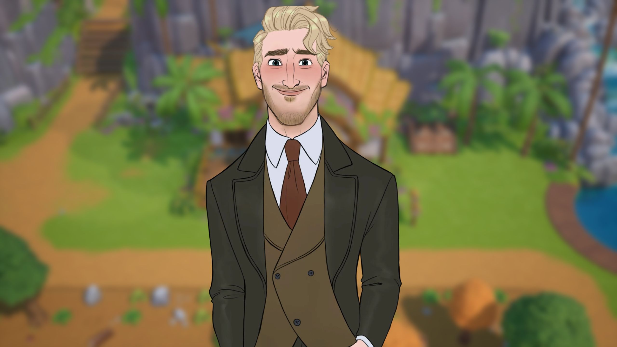 Scott from Coral Island smiling in his wedding suit