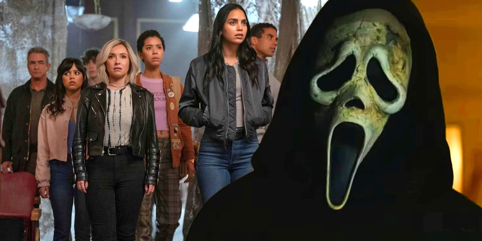 Scream 6 cast next to Ghostface