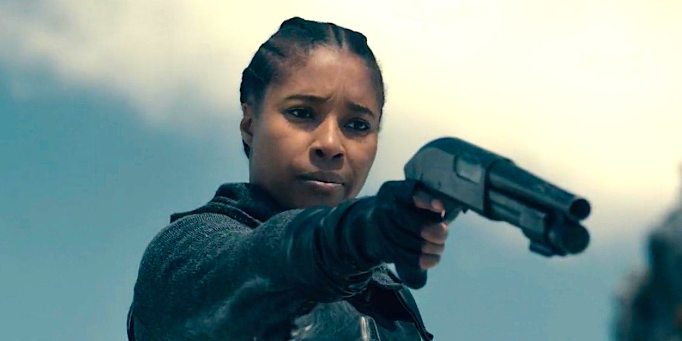 Toya Turner as Shotgun Mary aiming her signature shotgun in Warrior Nun season 1 episode 3.