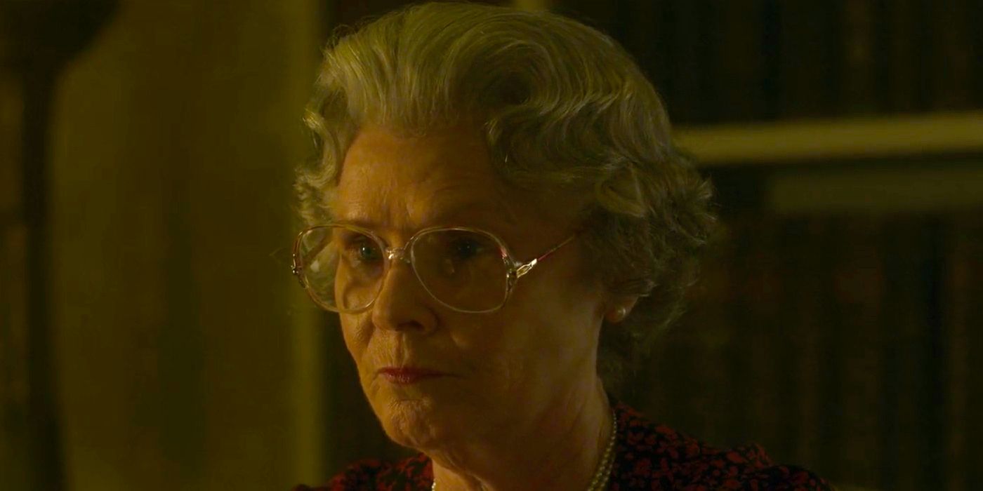 Queen Elizabeth II wearing glasses and speaking in The Crown season 6 episode 8.