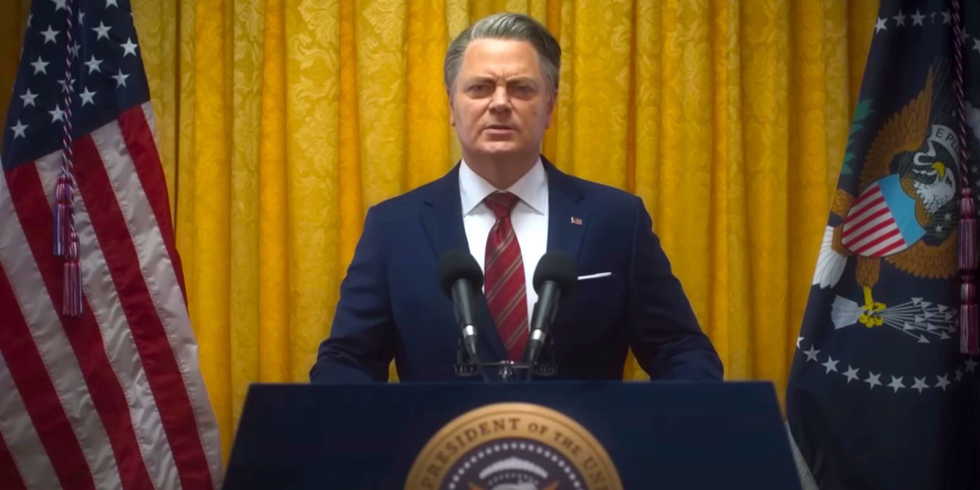 Nick Offerman as the US President delivering an address in Civil War 2024