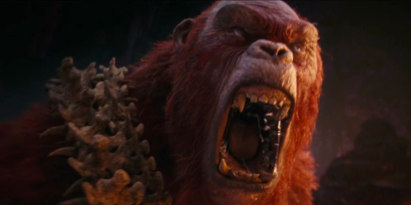 Skar King from Godzilla x Kong: The New Empire roaring with a spine over his shoulder