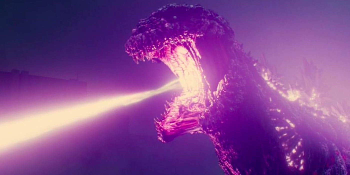 Shin Godzilla roaring and delivering its purple breath attack.