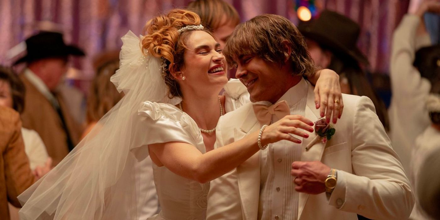 Zac Efron and Lily James as Pam Adkisson and Kevin Von Erich in The Iron Claw
