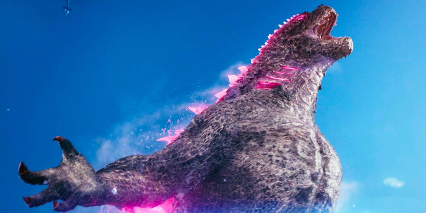 Godzilla roars as his spikes and gills glow pink in Godzilla x Kong: The New Empire